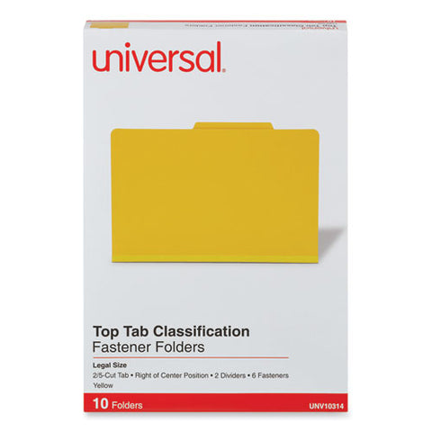 Bright Colored Pressboard Classification Folders, 2" Expansion, 2 Dividers, 6 Fasteners, Legal Size, Yellow Exterior, 10/box