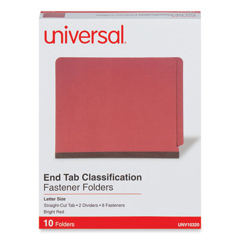 Deluxe Six-section Pressboard End Tab Classification Folders, 2 Dividers, 6 Fasteners, Letter Size, Bright Red, 10/box