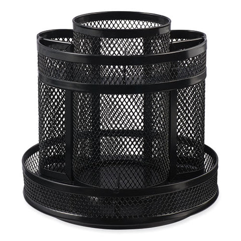 Metal Mesh Rotating Desktop Organizer, 8 Compartments, Metal Mesh, 6.5" Diameter X 6.13"h, Black