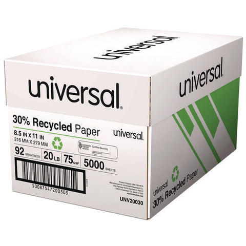 30% Recycled Copy Paper, 92 Bright, 20 Lb Bond Weight, 8.5 X 11, White, 500 Sheets/ream, 10 Reams/carton, 40 Cartons/pallet