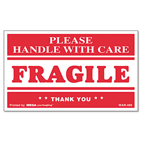 Printed Message Self-adhesive Shipping Labels, Fragile Handle With Care, 3 X 5, Red/clear, 500/roll