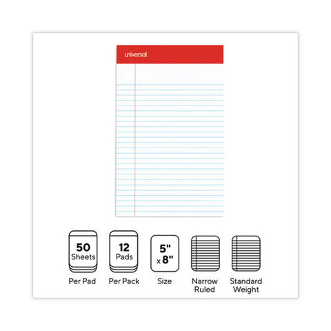 Perforated Ruled Writing Pads, Narrow Rule, Red Headband, 50 White 5 X 8 Sheets, Dozen