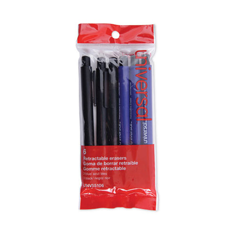 Pen-style Retractable Eraser, For Pencil Marks, White Eraser, Assorted Barrel Colors, 6/pack