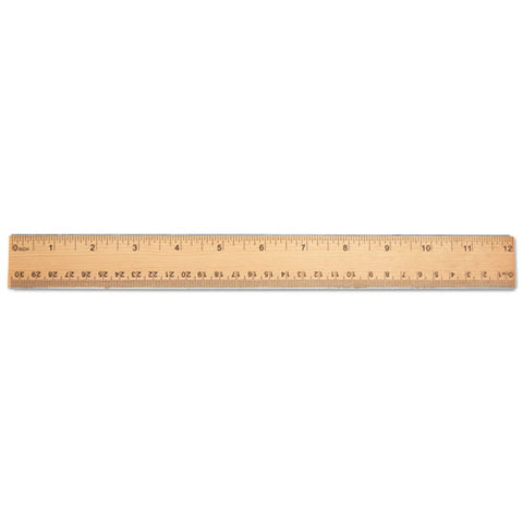 Flat Wood Ruler W/double Metal Edge, Standard, 12" Long, Clear Lacquer Finish