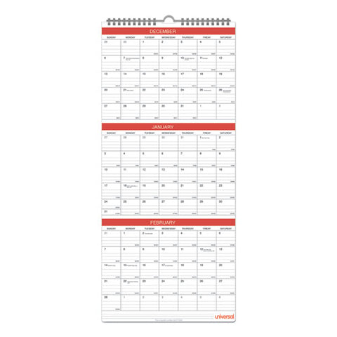 Three-month Wall Calendar, 12 X 27, White/red Sheets, 14-month: Dec 2024 To Jan 2026