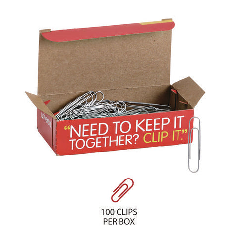 Paper Clips, Jumbo, Smooth, Silver, 100 Clips/box, 10 Boxes/pack