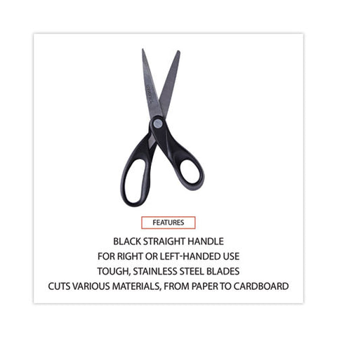 Stainless Steel Office Scissors, 8" Long, 3.75" Cut Length, Straight Black Handle