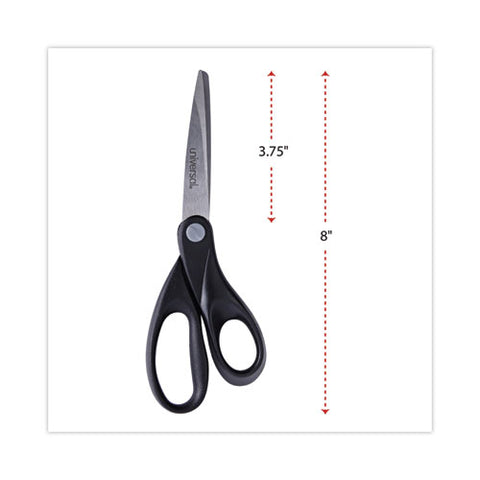 Stainless Steel Office Scissors, 8" Long, 3.75" Cut Length, Straight Black Handle