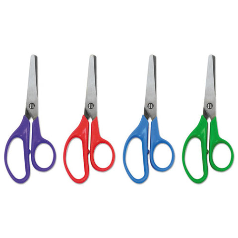 Kids' Scissors, Rounded Tip, 5" Long, 1.75" Cut Length, Straight Assorted Color Handles, 12/pack