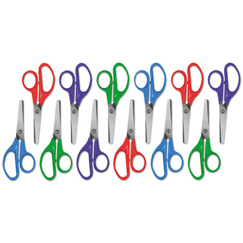 Kids' Scissors, Rounded Tip, 5" Long, 1.75" Cut Length, Straight Assorted Color Handles, 12/pack