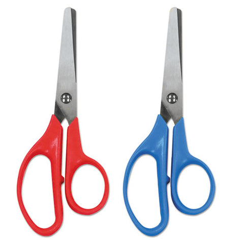 Kids' Scissors, Rounded Tip, 5" Long, 1.75" Cut Length, Straight Assorted Color Handles, 2/pack