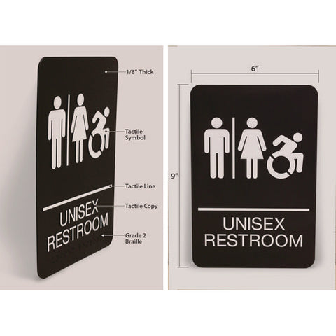 Ada Sign, Unisex Restroom, 6 X 9, Black Face, White Graphics