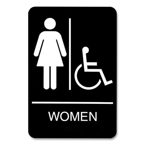 Ada Sign, Women/wheelchair Accessible Tactile Symbol, Plastic, 6 X 9, Black/white