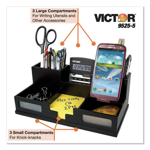 Midnight Black Desk Organizer With Smartphone Holder, 6 Compartments, Wood, 10.5 X 5.5 X 4