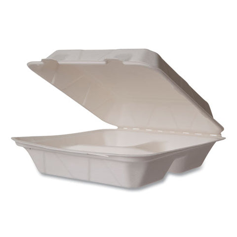 Nourish Molded Fiber Takeout Containers, Compostable, 3 Compartments, 5 X 9 X 2, White, Sugarcane, 200/carton