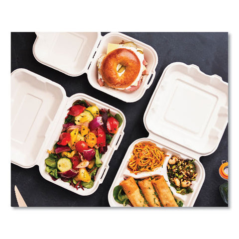 White Molded Fiber Clamshell Containers, Compostable, 3-compartment, 7.9 X 7.9 X 2.9, White, Sugarcane, 200/carton