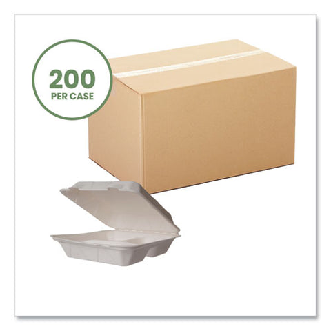 White Molded Fiber Clamshell Containers, Compostable, 3-compartment, 9 X 18 X 2, White, Sugarcane, 200/carton