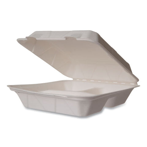 White Molded Fiber Clamshell Containers, Compostable, 3-compartment, 9 X 18 X 2, White, Sugarcane, 200/carton