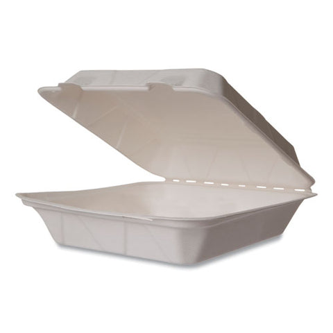 White Molded Fiber Clamshell Containers, Compostable, 9 X 9 X 3, White, Sugarcane, 200/carton