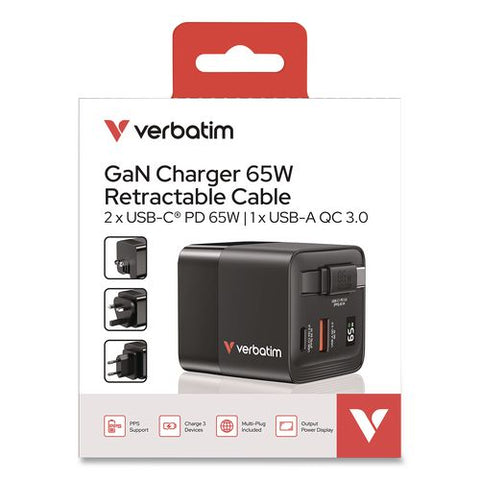 65 W Gan Charger With Retractable Usb-c Cable, Black