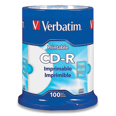 Cd-r Printable Recordable Disc, 700 Mb/80 Min, 52x, Spindle, White, 100/pack