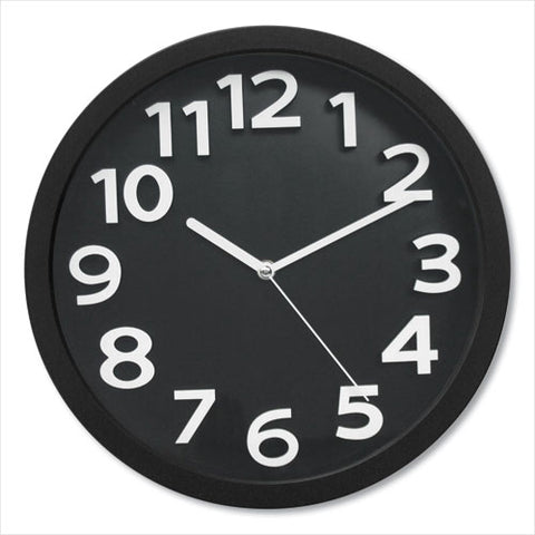 Wall Clock With Raised Numerals And Silent Sweep Dial, 13" Overall Diameter, Black Case, Black Face, 1 Aa (sold Separately)