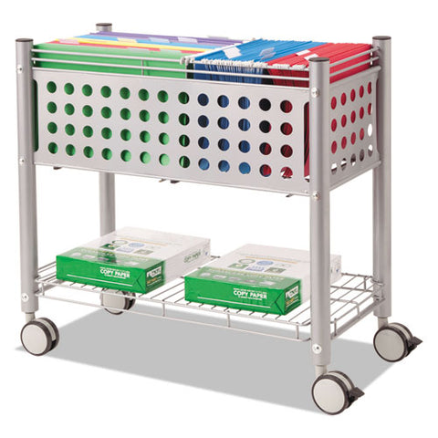 File Cart With Open Top, Metal, 1 Shelf, 2 Bins, 28.25" X 13.75" X 27.38", Matte Gray