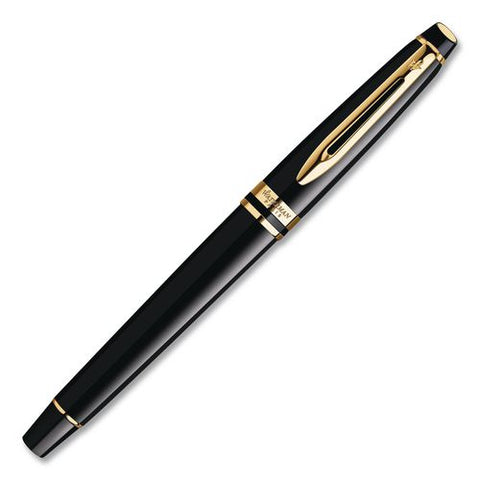 Expert Fountain Pen Gift Box, Medium Nib, Blue Ink, Black Barrel With 23k Gold Accents