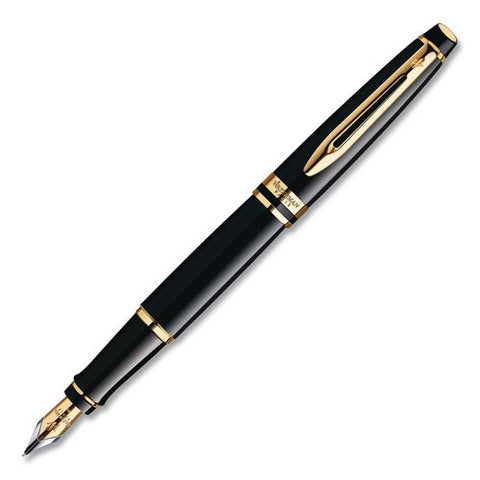 Expert Fountain Pen Gift Box, Medium Nib, Blue Ink, Black Barrel With 23k Gold Accents