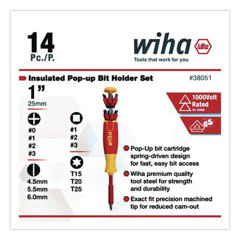 14-piece Insulated Pop-up Bit Holder Set, Metric Slotted, Phillips, Pozidriv And Square Bits, Red/yellow Handle