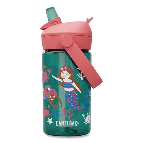 Thrive Flipstraw Plastic Water Bottle, 14 Oz, Mermaid Friends, Green/coral