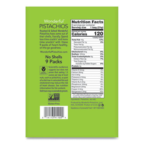 Wonderful No Shells Pistachios, Roasted And Salted, 0.75 Oz Bag, 9 Bags/box, 4 Boxes/carton