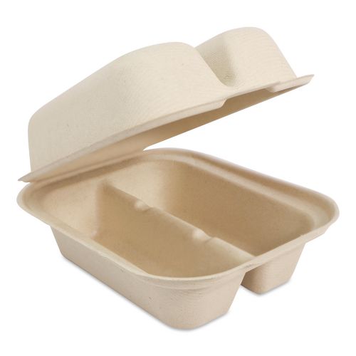 Fiber Hinged Takeout Containers, Taco Box, 2 Compartments, 5.86 X 7.25 X 3.38, Natural, Sugarcane Fiber, 300/carton