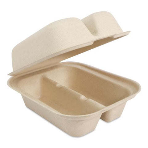 Fiber Hinged Takeout Containers, Taco Box, 2 Compartments, 5.86 X 7.25 X 3.38, Natural, Sugarcane Fiber, 300/carton