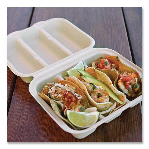 Fiber Hinged Takeout Containers, Taco Box, 7.9 X 9.2 X 3.2, Natural, Sugarcane Fiber, 300/carton