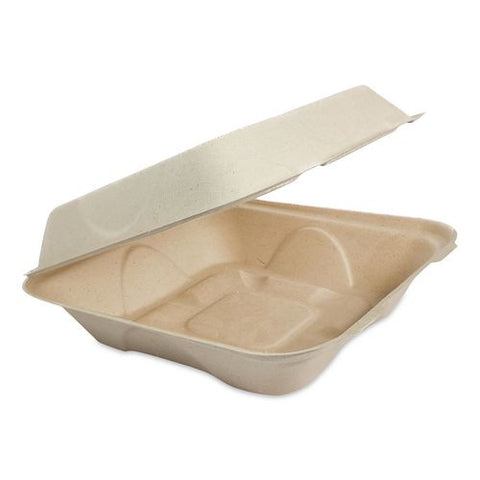Fiber Hinged Takeout Containers, 8.2 X 8.8 X 2.9, Natural, Sugarcane Fiber, 300/carton