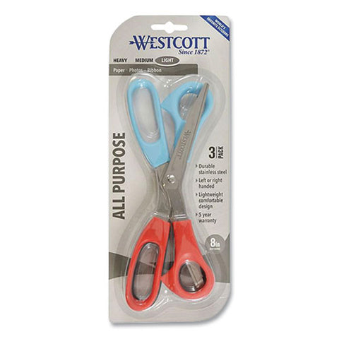 All Purpose Value Stainless Steel Scissors, 8" Long, 3" Cut Length, Offset Assorted Color Handles, 3/pack