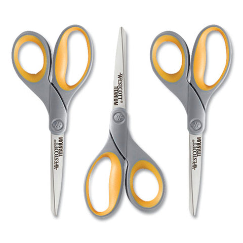 Titanium Bonded Scissors, 8" Long, 3.5" Cut Length, Straight Gray/yellow Handle, 3/box