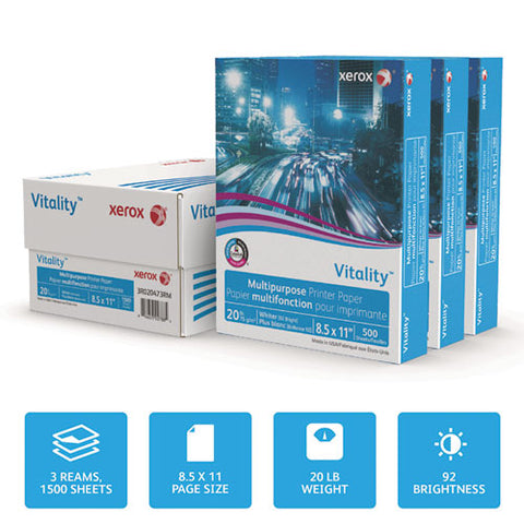 Vitality Multipurpose Print Paper, 92 Bright, 20 Lb Bond Weight, 8.5 X 11, White, 500 Sheets/ream, 3 Reams/carton