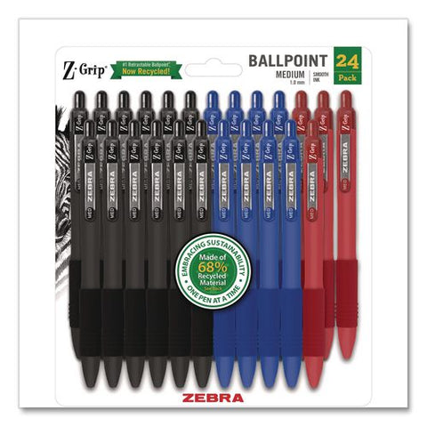 Z-grip Ballpoint Pen With Recycled Material, Retractable, Medium 1 Mm, Assorted Ink And Barrel Colors, 24/pack