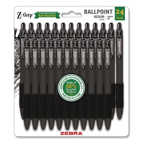 Z-grip Ballpoint Pen, Retractable, Medium 1 Mm, Black Ink And Barrel, 24/pack