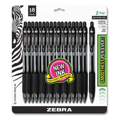 Z-grip Ballpoint Pen, Retractable, Medium 1 Mm, Black Ink, Clear/black Barrel, 18/pack