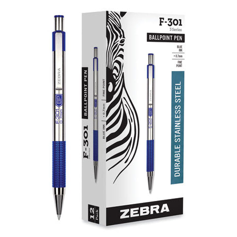 F-301 Ballpoint Pen, Retractable, Fine 0.7 Mm, Blue Ink, Stainless Steel/blue Barrel