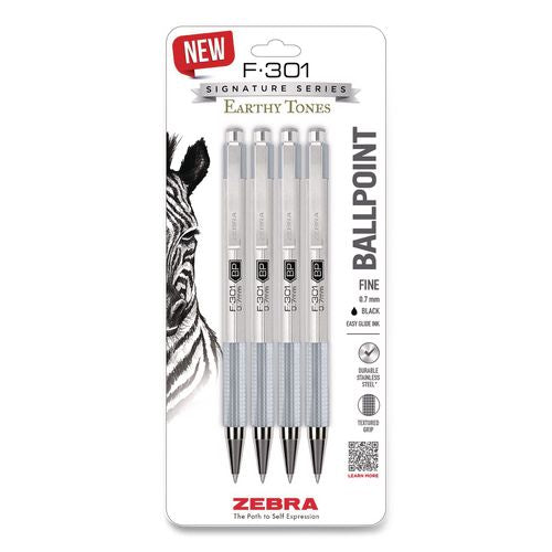 F-301 Signature Series Earthy Tones Ballpoint Pen, Retractable, Fine 0.7 Mm, Black Ink, Pewter Barrel, 4/pack