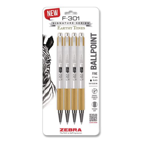 F-301 Signature Series Earthy Tones Ballpoint Pen, Retractable, Fine 0.7 Mm, Black Ink, Sandstone Barrel, 4/pack