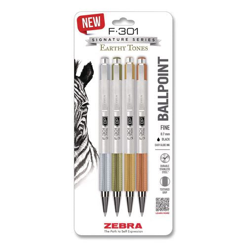 F-301 Signature Series Earthy Tones Ballpoint Pen, Retractable, Fine 0.7 Mm, Black Ink, Assorted Earthy Tones Barrel, 4/pack