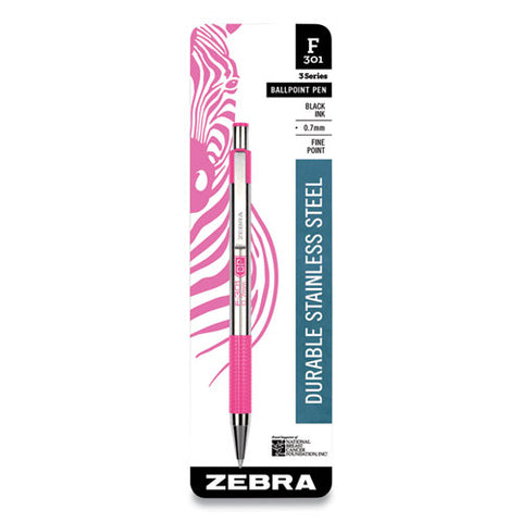 F-301 Ballpoint Pen, Breast Cancer Awareness, Retractable, Fine 0.7 Mm, Black Ink, Stainless Steel/pink Barrel