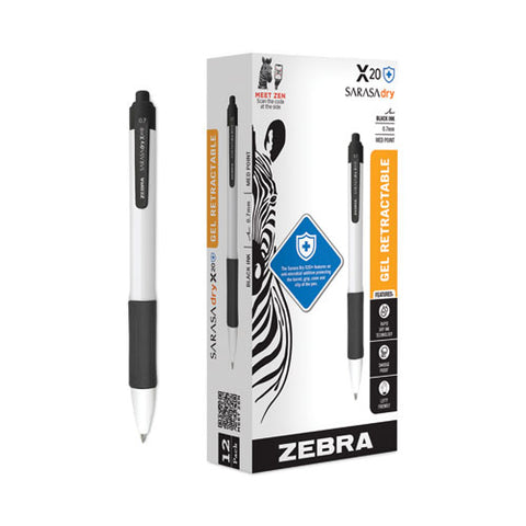 Sarasa Dry X20+ Gel Pen, Retractable, Fine 0.7 Mm, Black Ink, White/black Barrel, Dozen