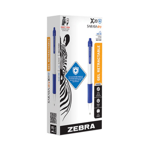 Sarasa Dry X20+ Gel Pen, Retractable, Fine 0.7 Mm, Blue Ink, White/blue Barrel, Dozen