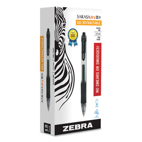 Sarasa Dry Gel X20 Gel Pen, Retractable, Fine 0.5 Mm, Black Ink, Clear/black Barrel, 12/pack